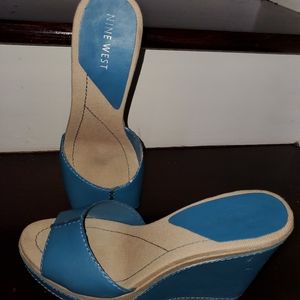 "Nine West" Teal Blue Wedge Slide In Sandal